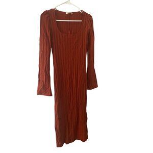 Reformation Rust Orange Ribbed Long-Sleeve Midi Dress Size XS Tencel & Spandex B